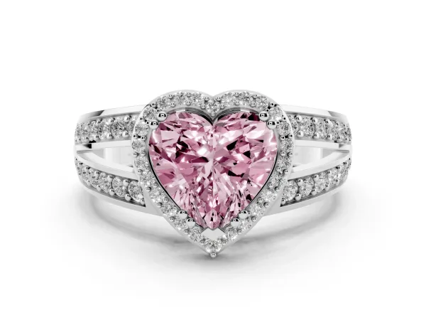 Fancy Pink Heart Cut Diamond Halo Ring with Split Shank Pavé Band and Four-Prong Setting Platinum
