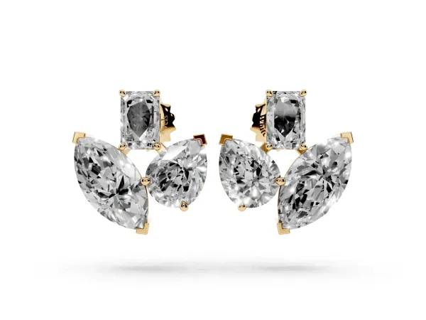 Emerald, Marquise and Pear Diamond Mosaic Three Stone Fan Earrings Yellow gold