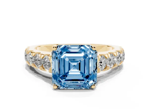 Fancy Blue Asscher Cut Cut Diamond Solitaire Ring with Micro Pave Band and Prong Setting Yellow gold