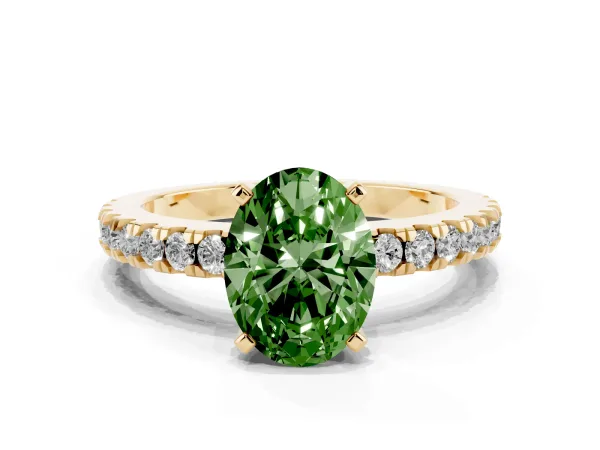 Fancy Green Oval Cut Solitaire Diamond with Pavé Band and Four-Prong Setting Yellow gold