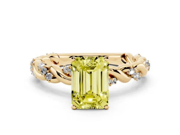 Fancy Yellow Emerald Cut Diamond Solitaire Ring with Twisted Band and Pavé Accents Yellow gold