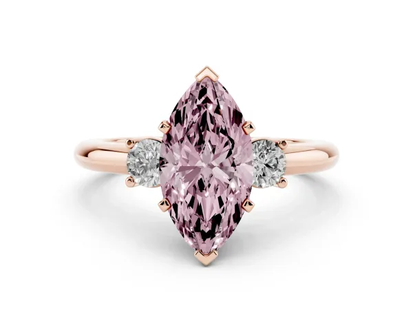 Fancy Pink Three-Stone Marquise Cut Cut Diamond Solitaire with Prong Setting and Classic Band Rose gold