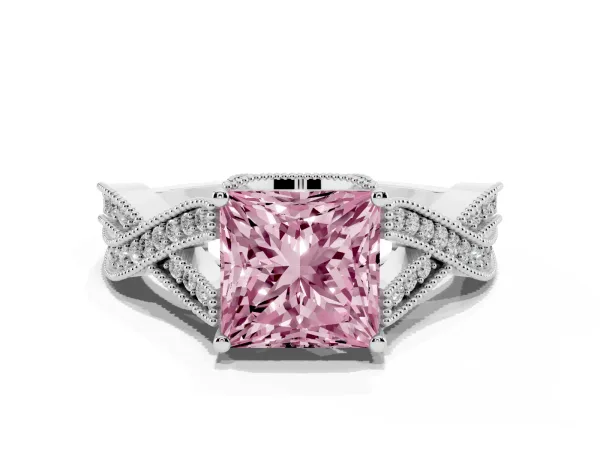 Fancy Pink Princess Cut Cut Diamond Twisted Band with Milgrain Pave Setting and Four-Prong Setting Platinum