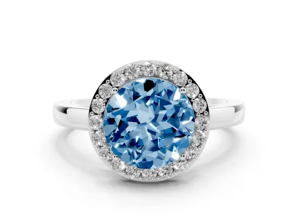 Fancy Blue Round Cut Halo Diamond Ring with Solitaire Band and Prong Setting Platinum