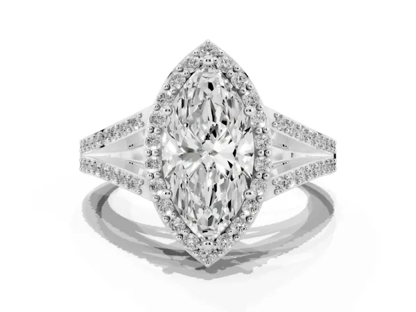 Marquise Cut Halo Split Shank Pave Diamond Ring with Four-Prong Setting Platinum