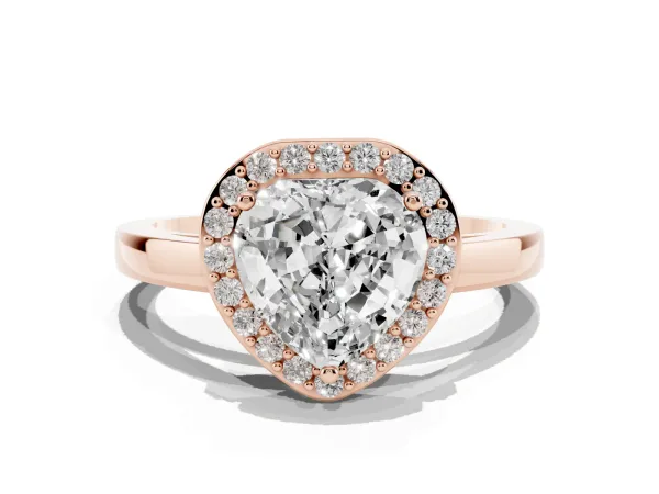 Heart Cut Halo Diamond Ring with Solitaire Band and Prong Setting Rose gold