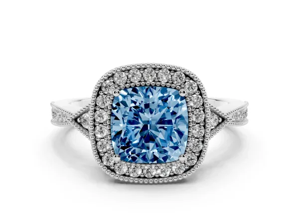 Fancy Blue Cushion Cut Halo Round Diamond Milgrain Pave Engagement Ring Platinum