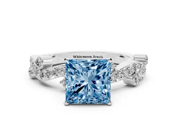 Fancy Blue Princess Cut Cut Solitaire Diamond Twisted Band with Pave Setting Platinum