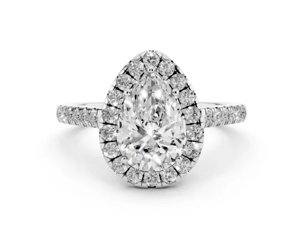 Pear Cut Halo Pave Diamond Engagement Ring with Four-Prong Setting Platinum