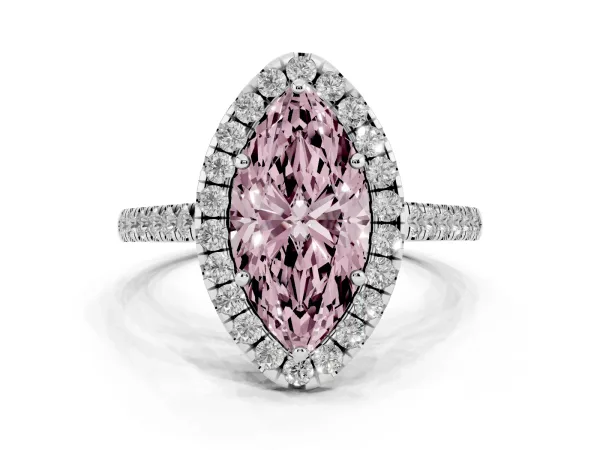 Fancy Pink Marquise Cut Halo Pave Diamond Engagement Ring with Four-Prong Setting White gold