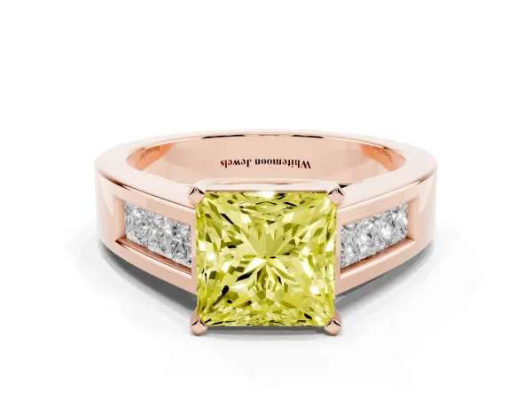 Fancy Yellow Princess Cut Cut Channel Set Solitaire Ring with Four-Prong Setting Rose gold