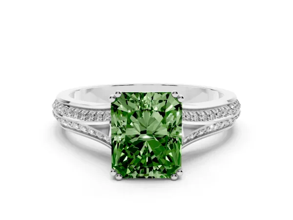 Fancy Green Radiant Cut Diamond Split Shank Engagement Ring with Pavé Band Platinum