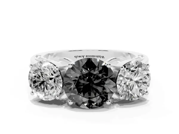 Fancy Black Round Cut Diamond Three-Stone Ring with Prong Setting and Textured Band Platinum