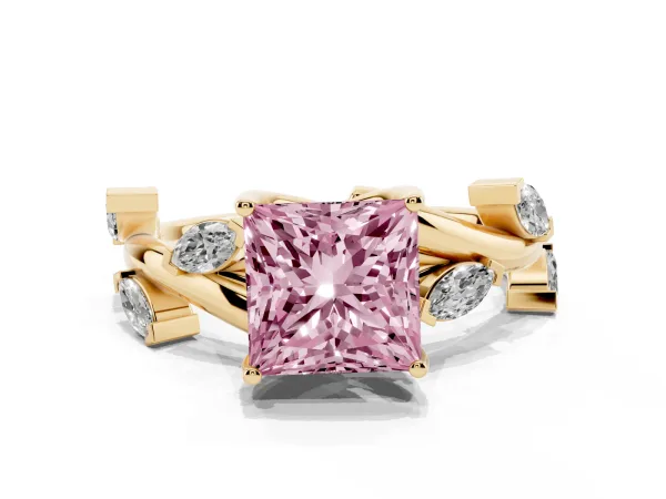 Fancy Pink Princess Cut Solitaire Twisted Band Marquise Accent Prong Setting Ring Yellow gold