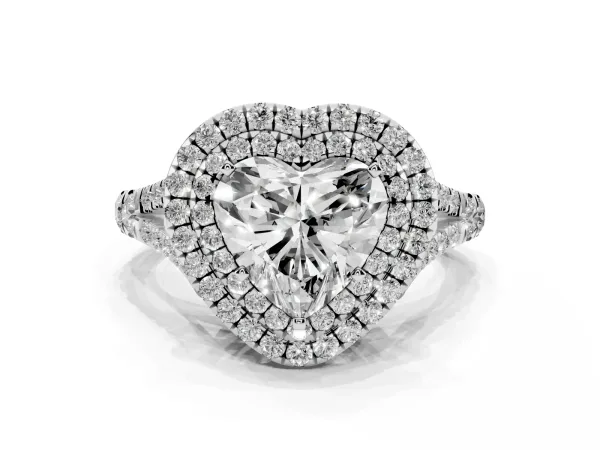 Heart Cut Cut Double Halo Split Shank Diamond Ring with Prong Setting Platinum