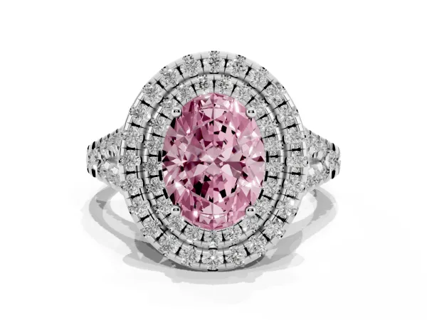 Fancy Pink Double Halo Oval Cut Diamond Pavé Split Shank Ring with Prong Setting White gold