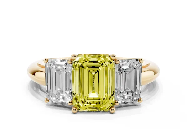 Fancy Yellow Three-Stone Emerald Cut Cut Diamond Engagement Ring with Prong Setting on a White Gold Band Yellow gold