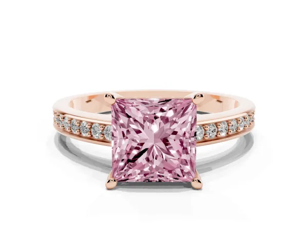 Fancy Pink Princess Cut Solitaire Pavé Band Prong Setting Ring Rose gold
