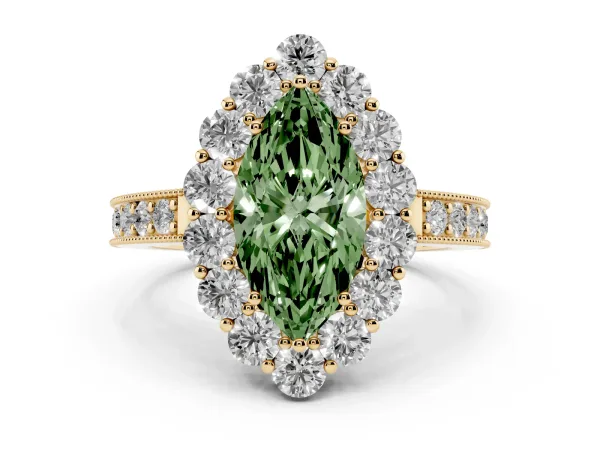 Fancy Green Marquise Cut Cut Halo Diamond Pavé Engagement Ring with Milgrain Detailing Yellow gold