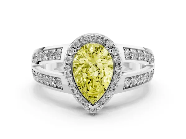 Fancy Yellow Pear Cut Diamond Halo Ring with Split Shank Pavé Band and Four-Prong Setting White gold