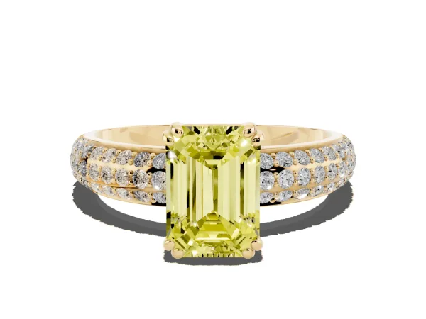 Fancy Yellow Emerald Cut Diamond Solitaire Ring with Multi-Row Round Pavé Band and Prong Setting Yellow gold