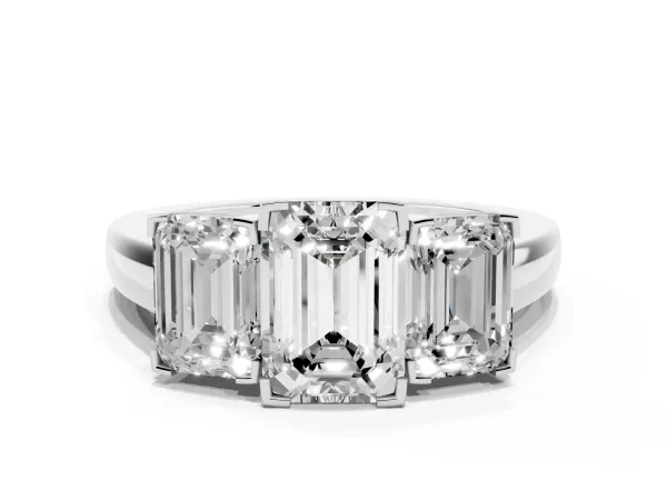 Three-Stone Emerald Cut Cut Diamond Ring with Channel Set Band and Four-Prong Setting Platinum
