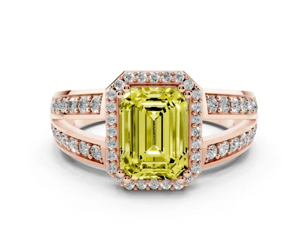 Fancy Yellow Emerald Cut Diamond Halo Ring with Split Shank Pavé Band and Four-Prong Setting Rose gold