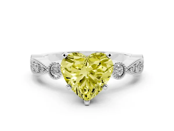 Fancy Yellow Heart Cut Milgrain Bezel Diamond Engagement Ring with Solitaire Prong Setting White gold