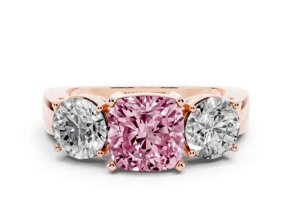 Fancy Pink Three-Stone Cushion Cut Diamond Ring with Round Side Stones, Classic Band, and Four-Prong Setting Rose gold