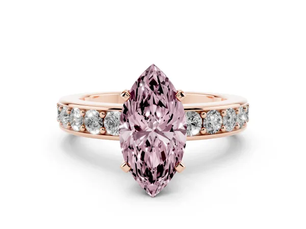 Fancy Pink Marquise Cut Diamond Engagement Ring with Channel Set Round Band and Prong Setting Rose gold