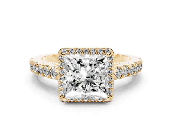 Princess Cut Cut Halo Diamond Engagement Ring with Pave Band and Four-Prong Setting Yellow gold