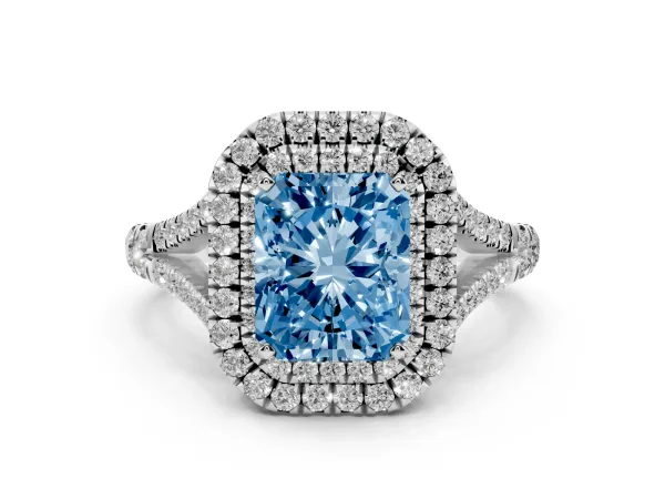 Fancy Blue Radiant Cut Cut Double Halo Split Shank Diamond Ring with Prong Setting Platinum