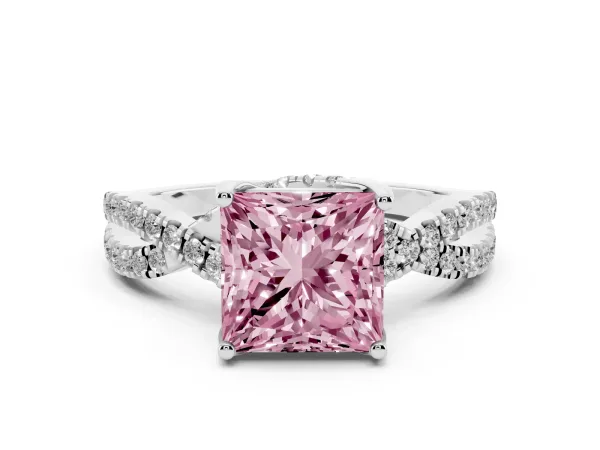 Fancy Pink Princess Cut Solitaire Twist Pave Diamond Engagement Ring with Prong Setting Platinum