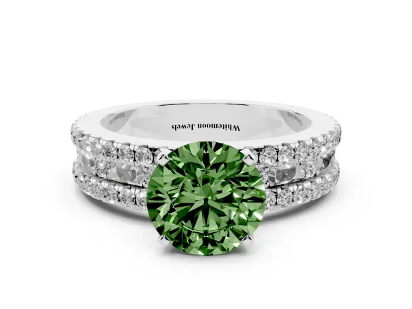 Fancy Green Round Cut Diamond Solitaire Ring with Pavé and Channel Set Band White gold