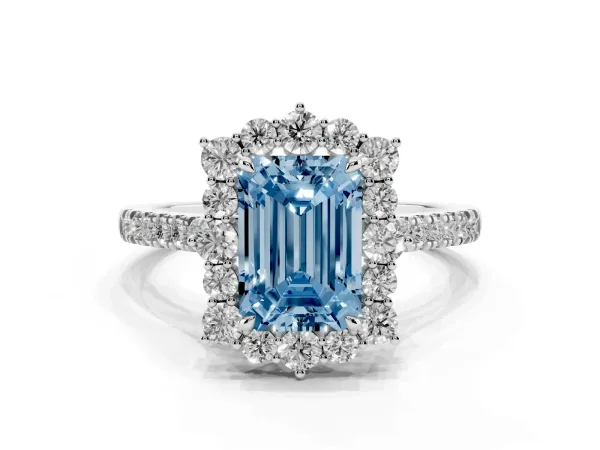 Fancy Blue Emerald Cut Halo Diamond Ring with Pavé Band and Prong Setting Platinum