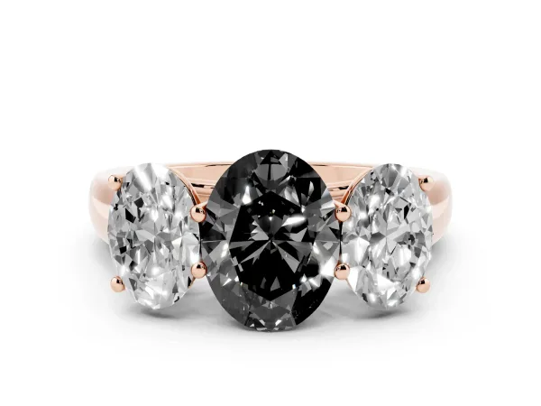Fancy Black Oval Cut Three-Stone Diamond Ring with Prong Setting on a Classic Band Rose gold