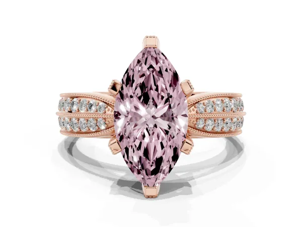 Fancy Pink Marquise Cut Diamond Solitaire Ring with Milgrain Round Pavé Band and Prong Setting Rose gold