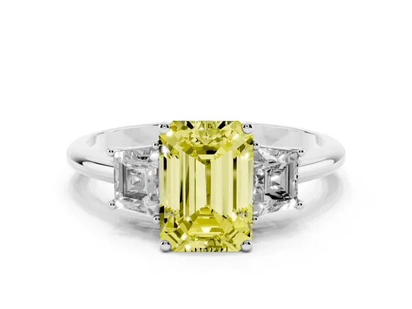 Fancy Yellow Emerald Cut Diamond Three-Stone Ring with Trapezoid Side Stones and Prong Setting Platinum