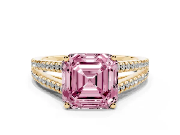 Fancy Pink Asscher Cut Diamond Solitaire Engagement Ring with Split Shank Pavé Band Yellow gold