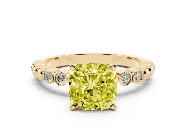 Fancy Yellow Cushion Cut Solitaire Bezel Accent Diamond Engagement Ring with Beaded Band and Four-Prong Setting Yellow gold