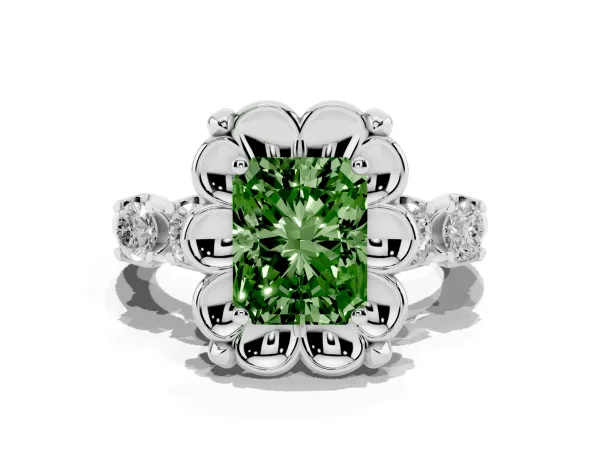 Fancy Green Radiant Cut Cut Diamond Floral Halo Engagement Ring with Shared Prong Setting Platinum