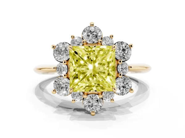 Fancy Yellow Princess Cut Diamond Cluster Halo Ring with Solitaire Band and Four-Prong Setting Yellow gold