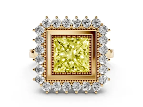 Fancy Yellow Princess Cut Halo Diamond Ring with Milgrain Edge and Round Prong Setting Yellow gold