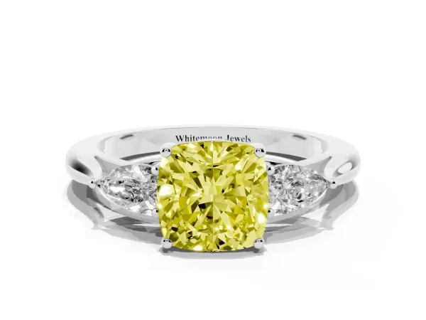 Fancy Yellow Three-Stone Cushion Cut Brilliant Diamond Solitaire Ring with Tapered Band and Four-Prong Setting Platinum