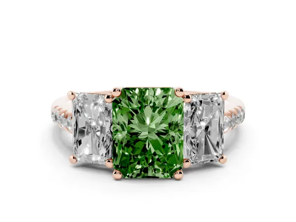 Fancy Green Three-Stone Radiant Cut Diamond Ring with Round Pavé Band and Prong Setting Rose gold