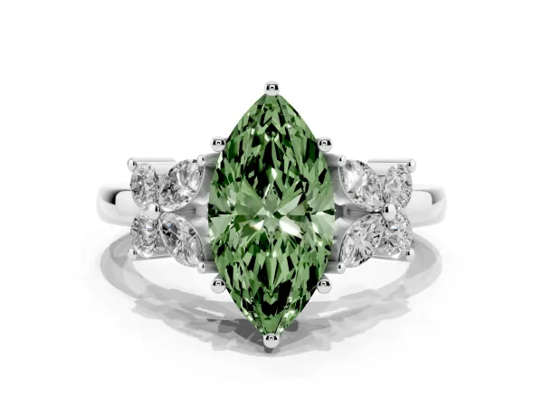 Fancy Green Marquise Cut Diamond Floral Cluster Ring with Solitaire Band and Prong Setting White gold