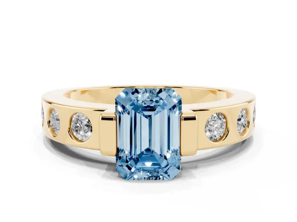Fancy Blue Emerald Cut Brilliant Channel-Set Diamond Ring with Bezel Prong Setting Yellow gold