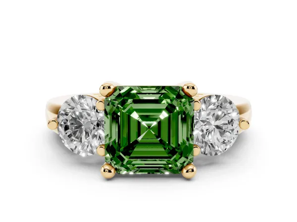 Fancy Green Three-Stone Asscher Cut Brilliant Cut Solitaire Ring with Prong Setting on a Classic Band Yellow gold