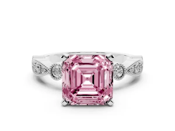Fancy Pink Asscher Cut Milgrain Bezel Diamond Engagement Ring with Solitaire Prong Setting Platinum
