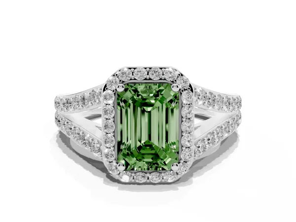 Fancy Green Emerald Cut Diamond Split Shank Halo Ring with Four-Prong Setting Platinum